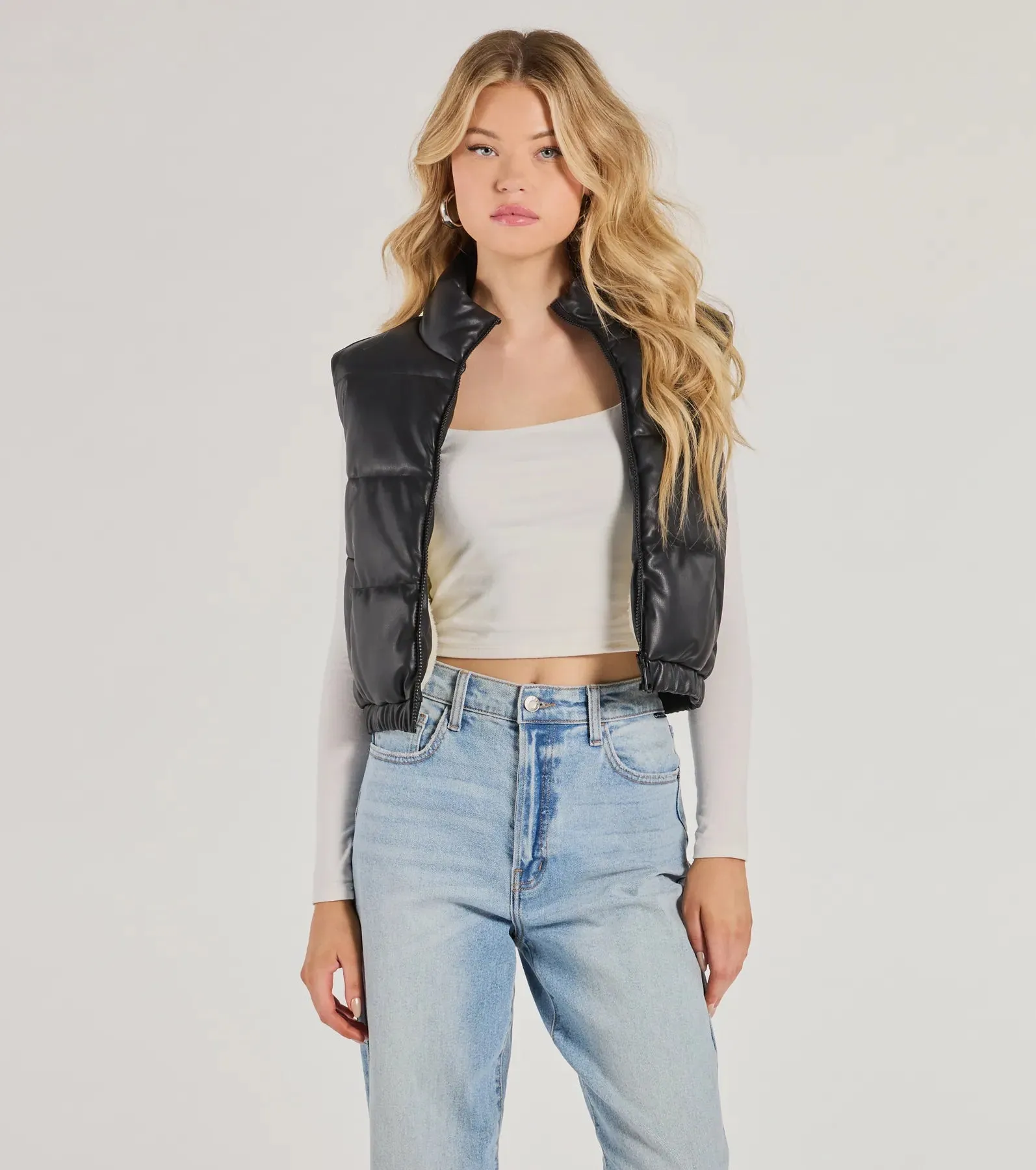 Cuddle Glam Faux Leather Sherpa Lined Puffer Vest sold by Windsor