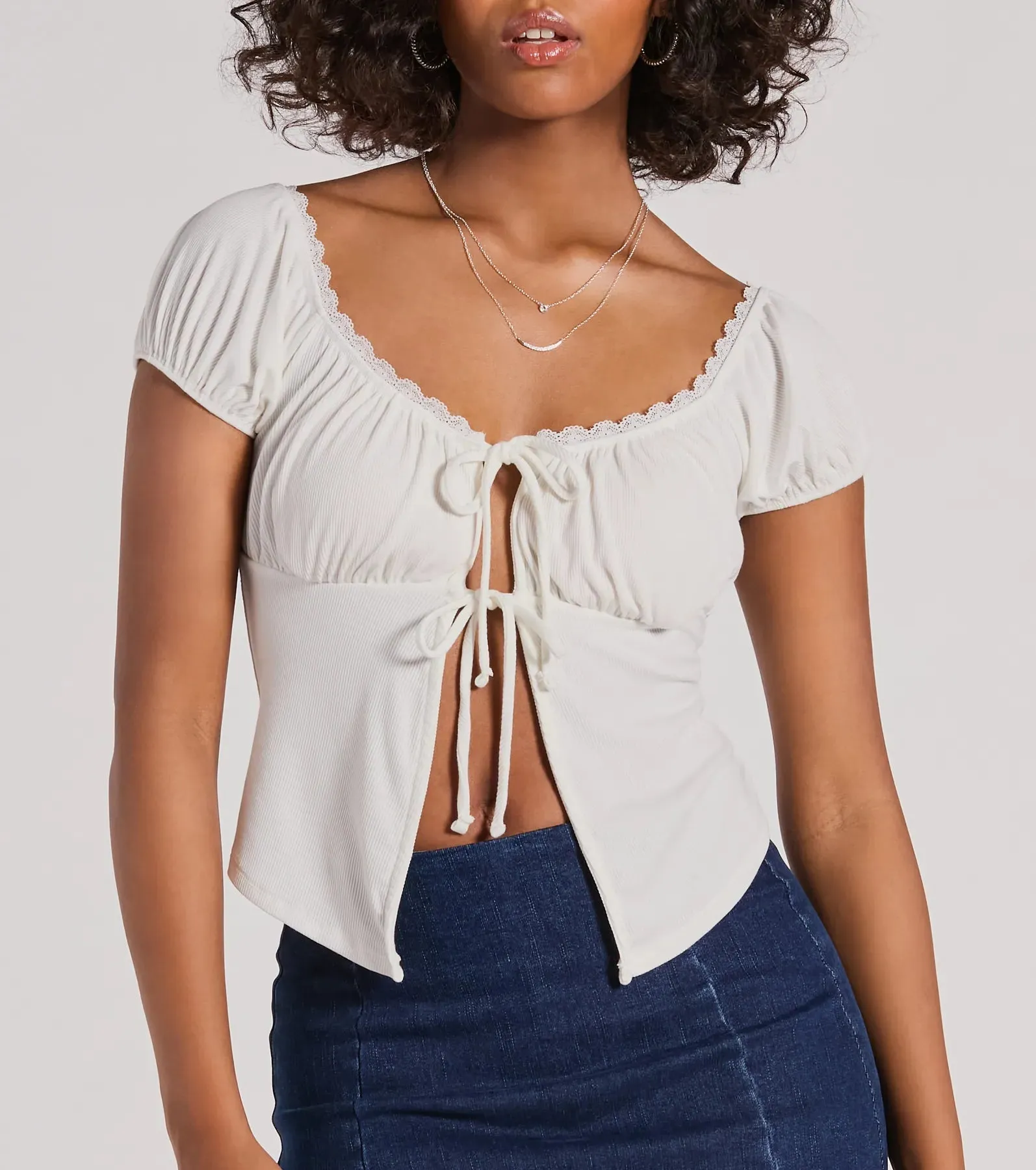 Sultry Example Tie-Front Lace Trim Crop Top sold by Windsor product image thumbnail 4