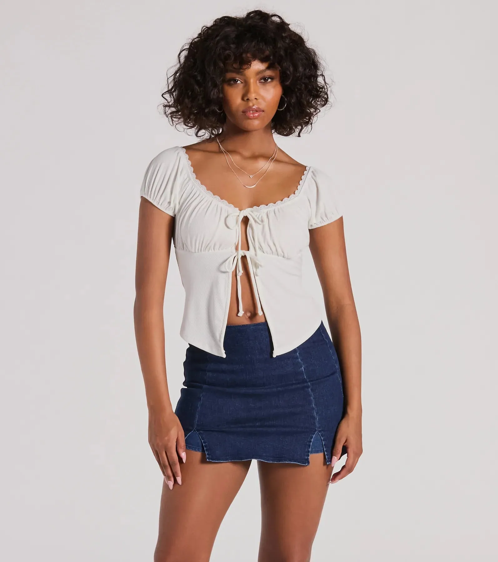 Sultry Example Tie-Front Lace Trim Crop Top sold by Windsor