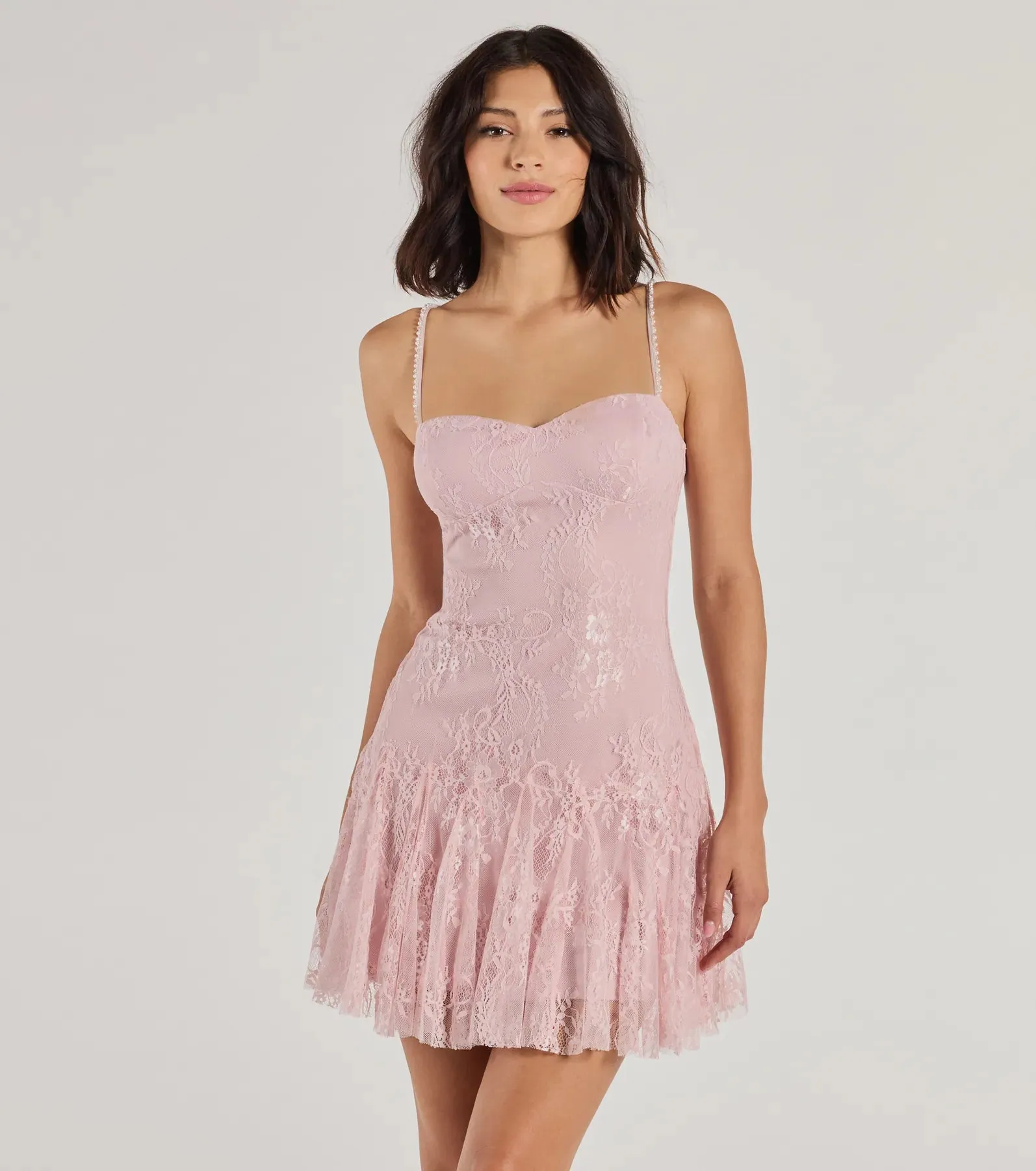 Sweet Glamour Beaded Strap Lace Mini Dress sold by Windsor