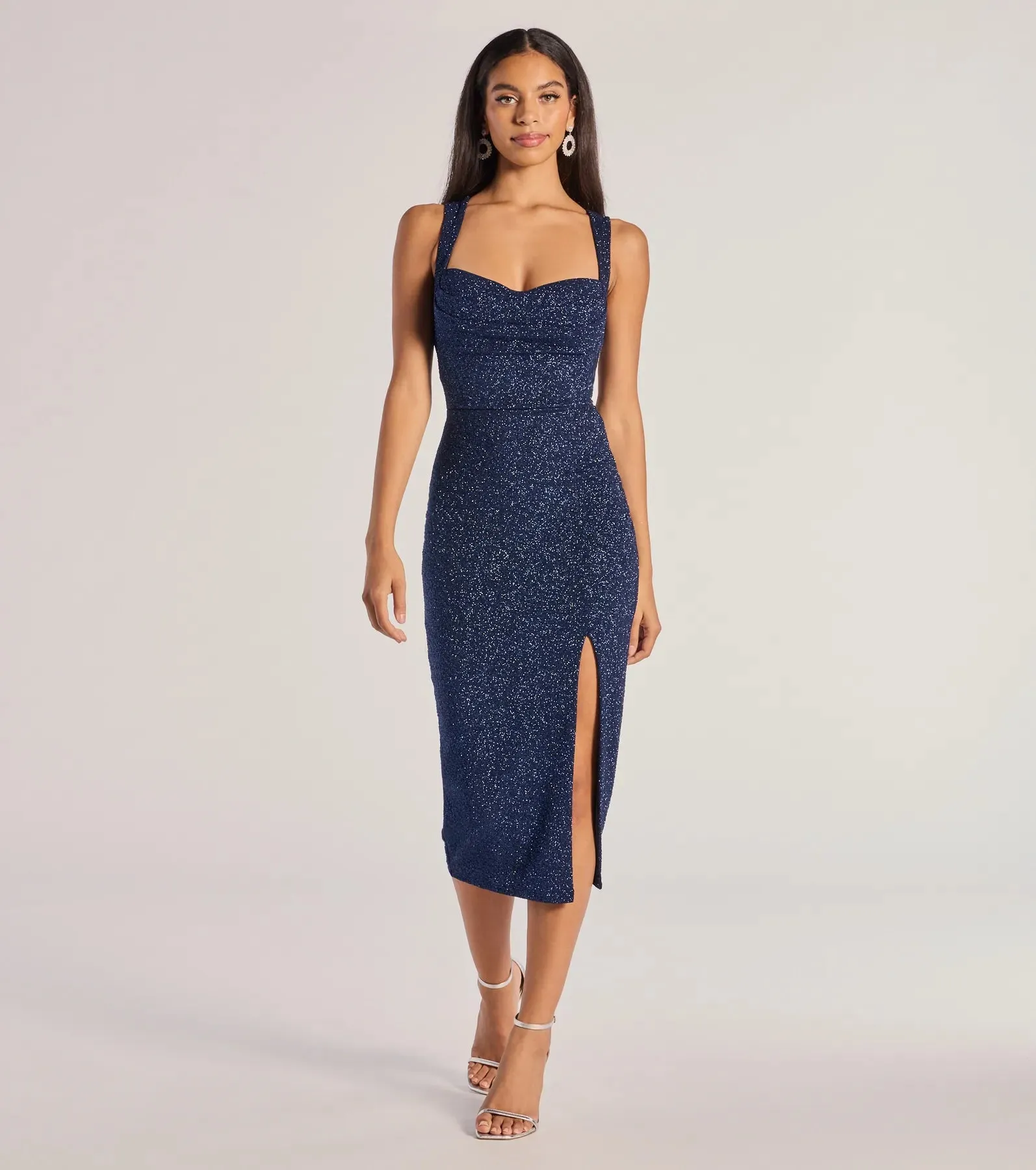 Arlette Lace-Up High Slit Glitter Knit Midi Dress sold by Windsor product image thumbnail 5