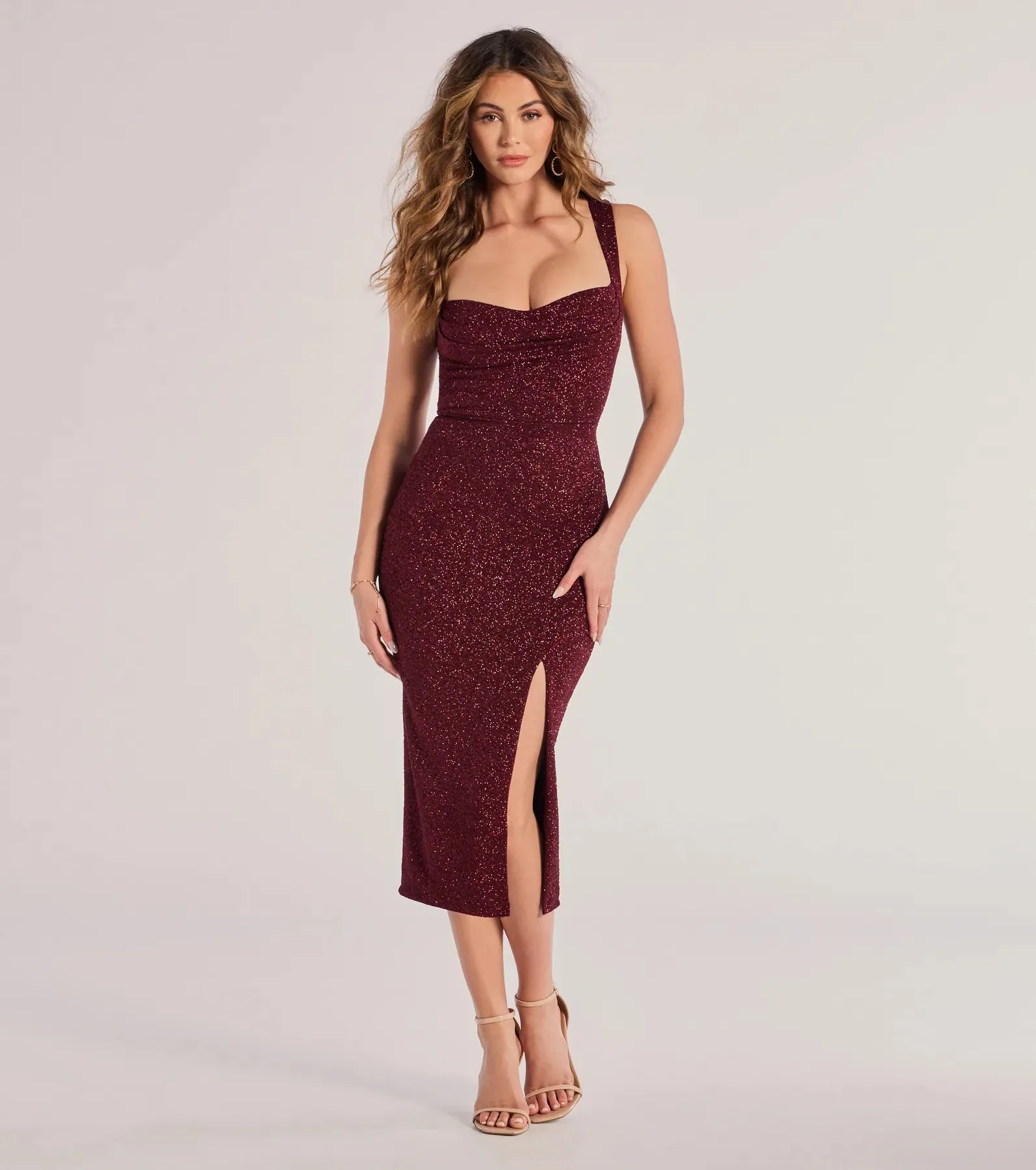 Arlette Lace-Up High Slit Glitter Knit Midi Dress sold by Windsor