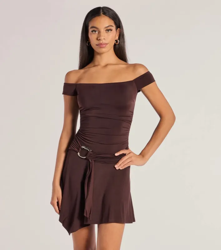 Trendy Fab Off-The-Shoulder Belted Mini Dress sold by Windsor