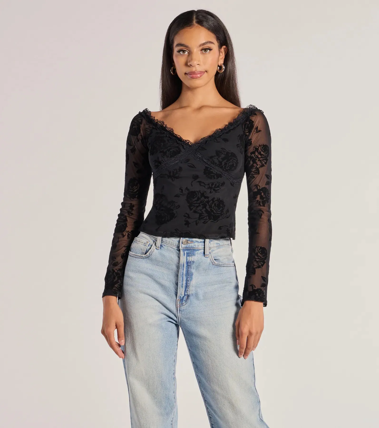 Chic Effect Floral Velvet Flocked Long Sleeve Top sold by Windsor