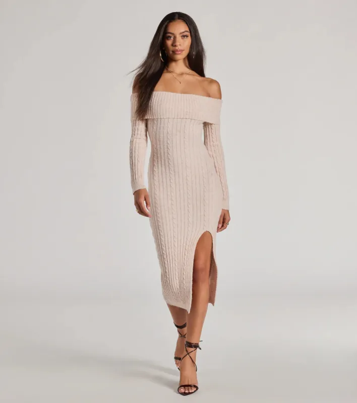 Cozy Luxe Cable Knit Off-The-Shoulder Midi Dress sold by Windsor