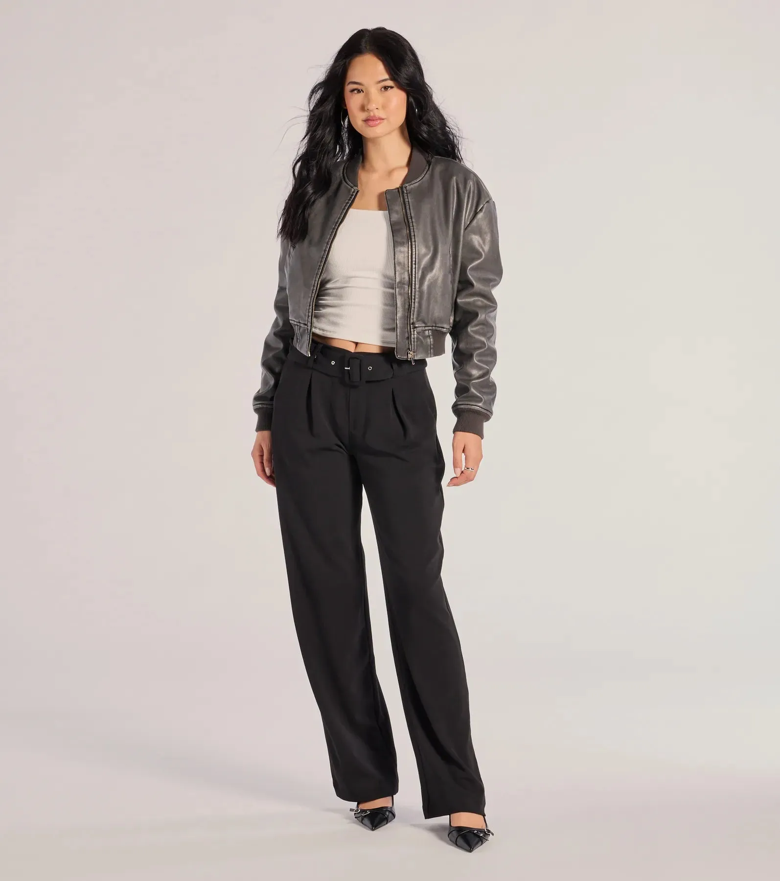Sleek Impression Belted Straight-Leg Trouser Pants sold by Windsor