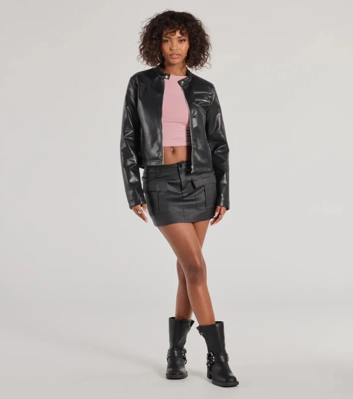 Serving Sleek Faux Leather Cargo Mini Skort sold by Windsor