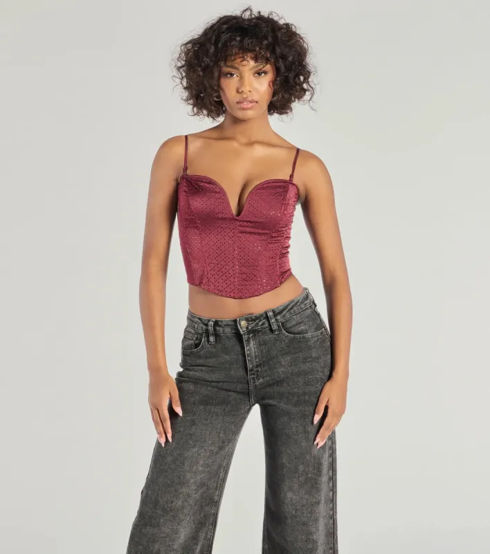 All That Glam Rhinestone Satin Cropped Corset sold by Windsor