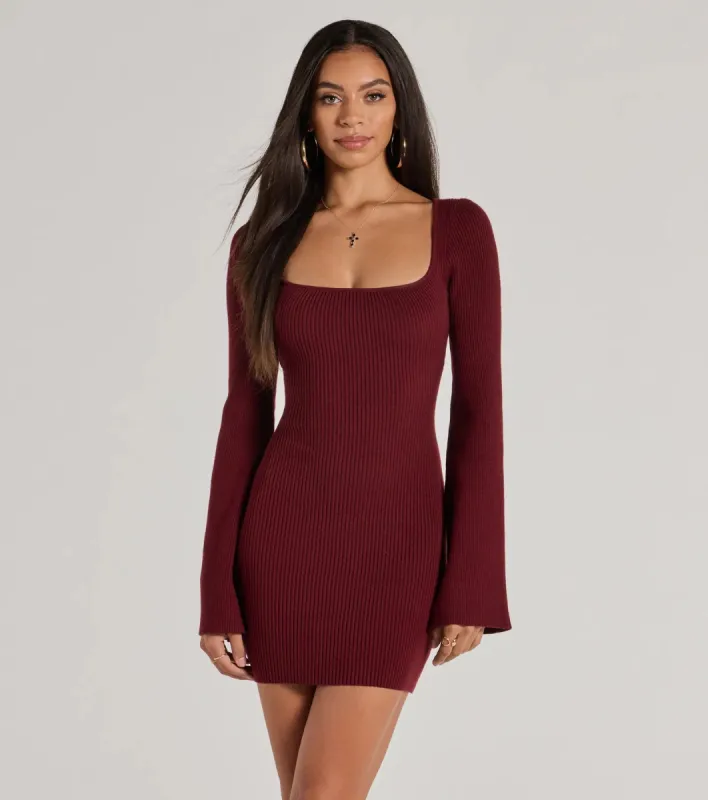 Seasonal Staple Ribbed Knit Bell Sleeve Mini Dress sold by Windsor