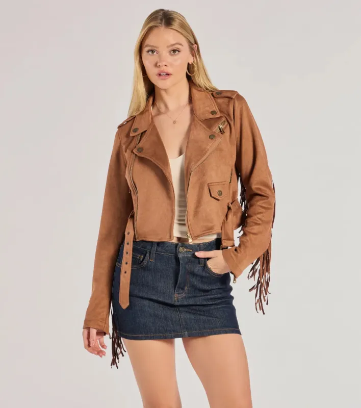 Western Chic Flair Faux Suede Fringe Moto Jacket sold by Windsor