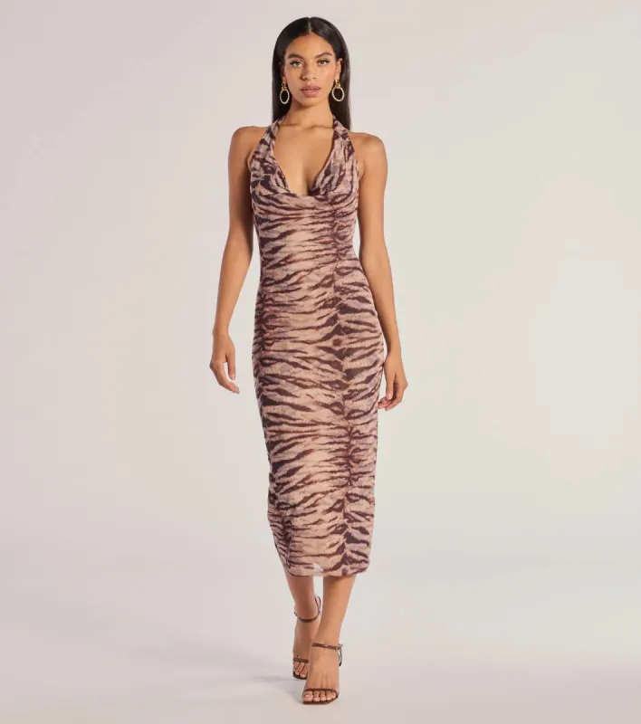 Sultry And Sassy Zebra Print Halter Midi Dress sold by Windsor