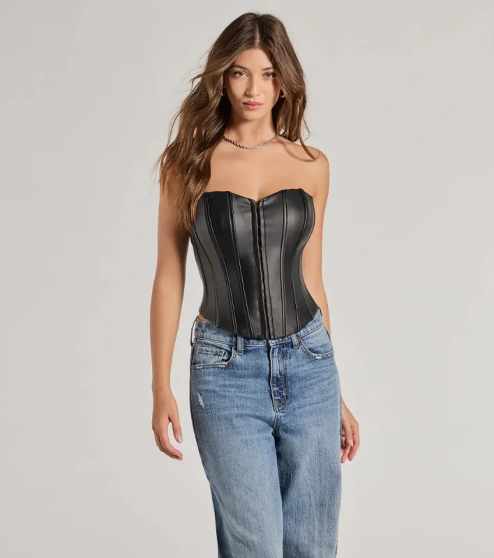 Level Up Sleek Faux Leather Strapless Corset Top sold by Windsor