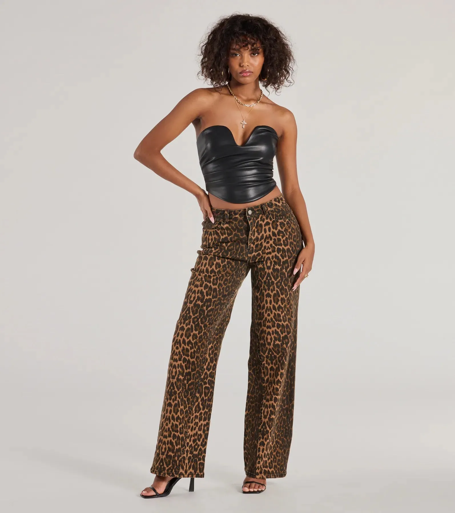 Fierce Aura Wide-Leg Leopard Print Denim Jeans sold by Windsor
