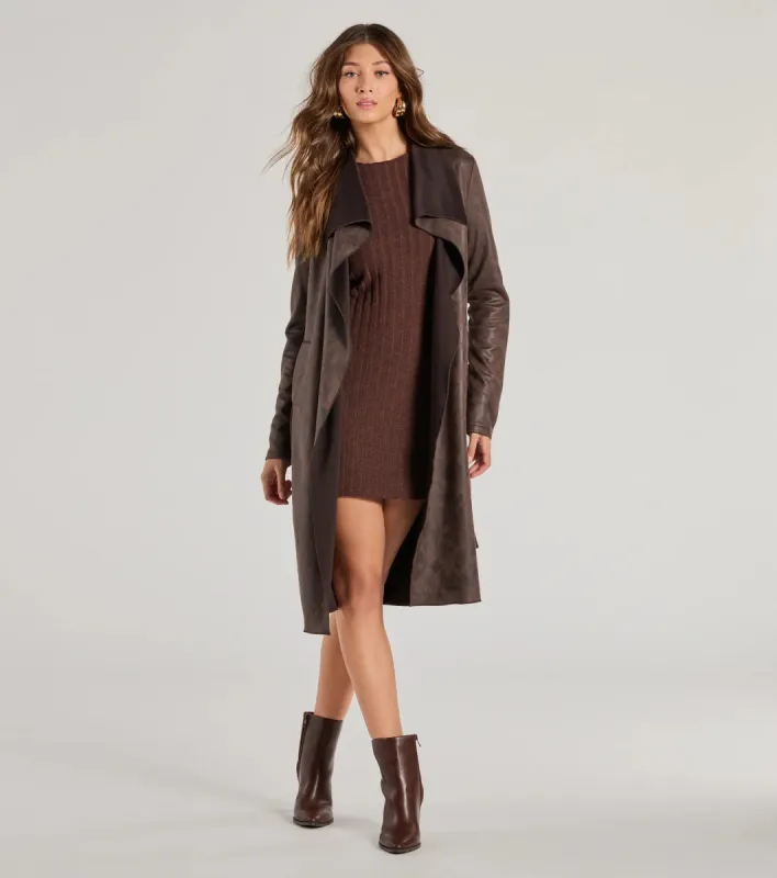 Chic Impression Faux Suede Belted Trench Coat sold by Windsor