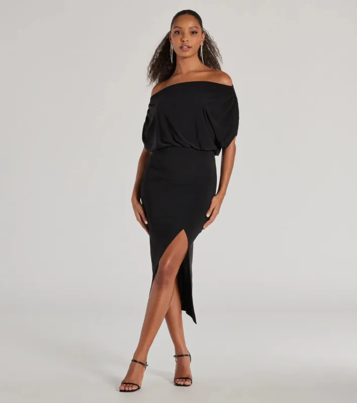 Stop And Stun Off-The-Shoulder Midi Dress sold by Windsor