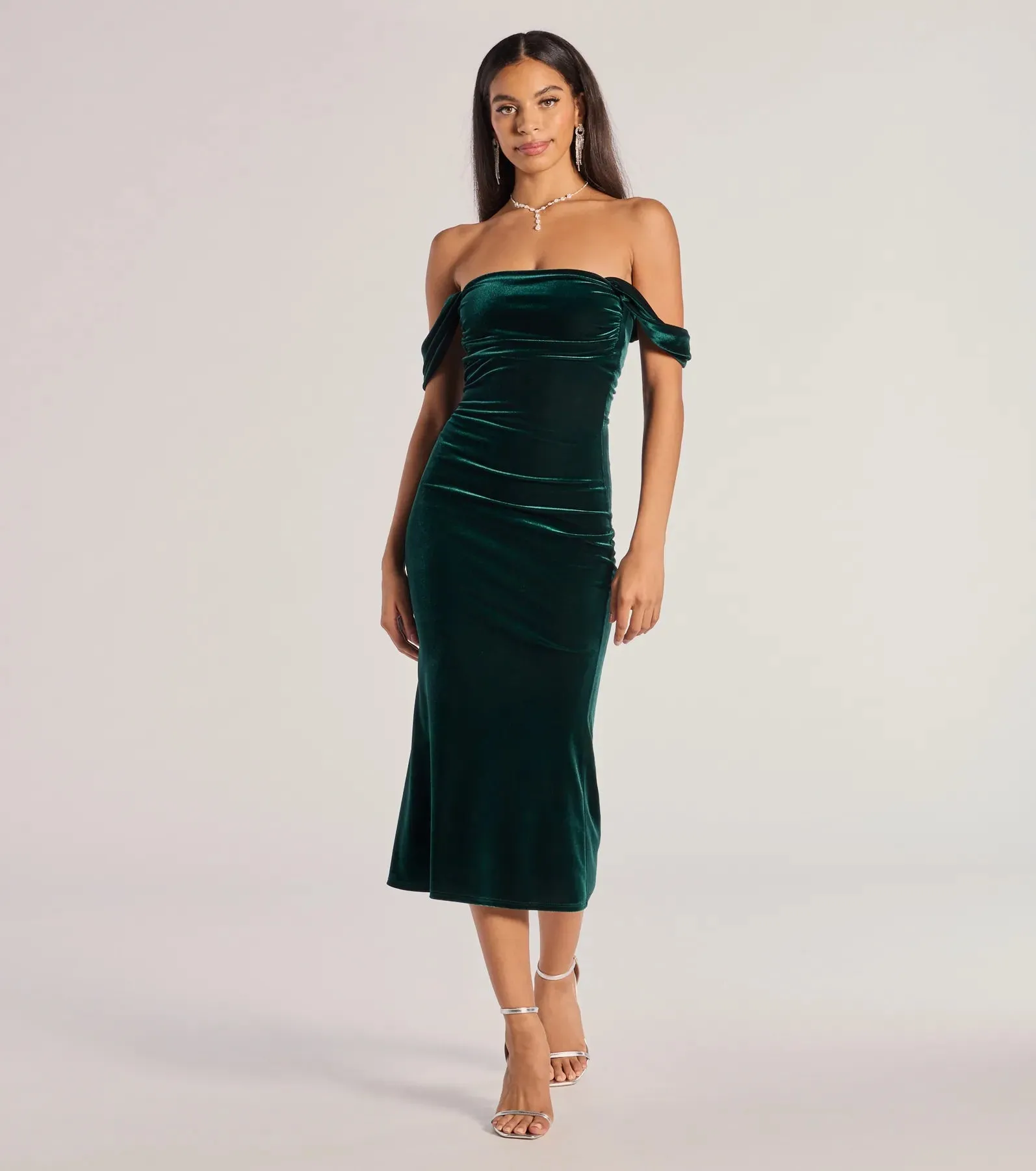 Regal Moment Off-The-Shoulder Velvet Midi Dress sold by Windsor