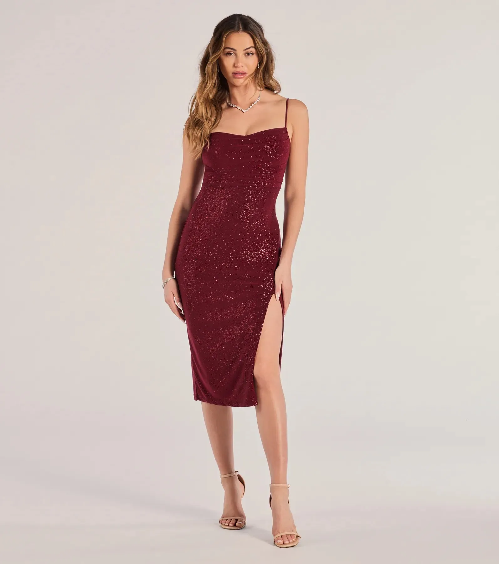 Glam Radiance High-Slit Glitter Midi Dress sold by Windsor