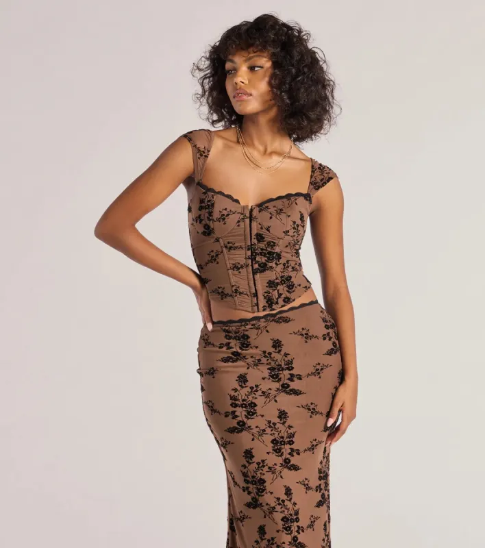 Romantic Aura Flocked Floral Mesh Bustier Top sold by Windsor