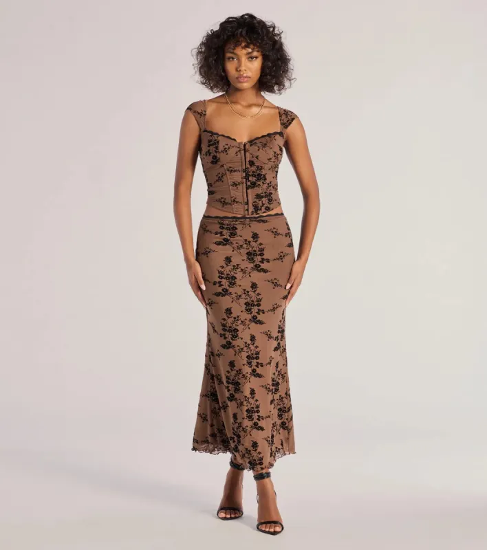Romantic Aura Flocked Floral Mesh Maxi Skirt sold by Windsor