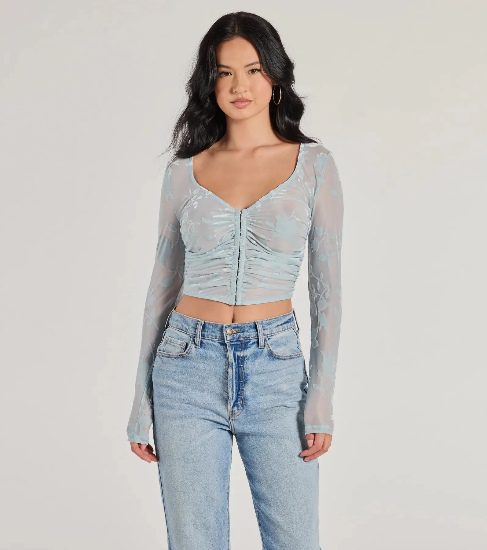 Charming Flocked Floral Mesh Long Sleeve Corset Top sold by Windsor product image thumbnail 5