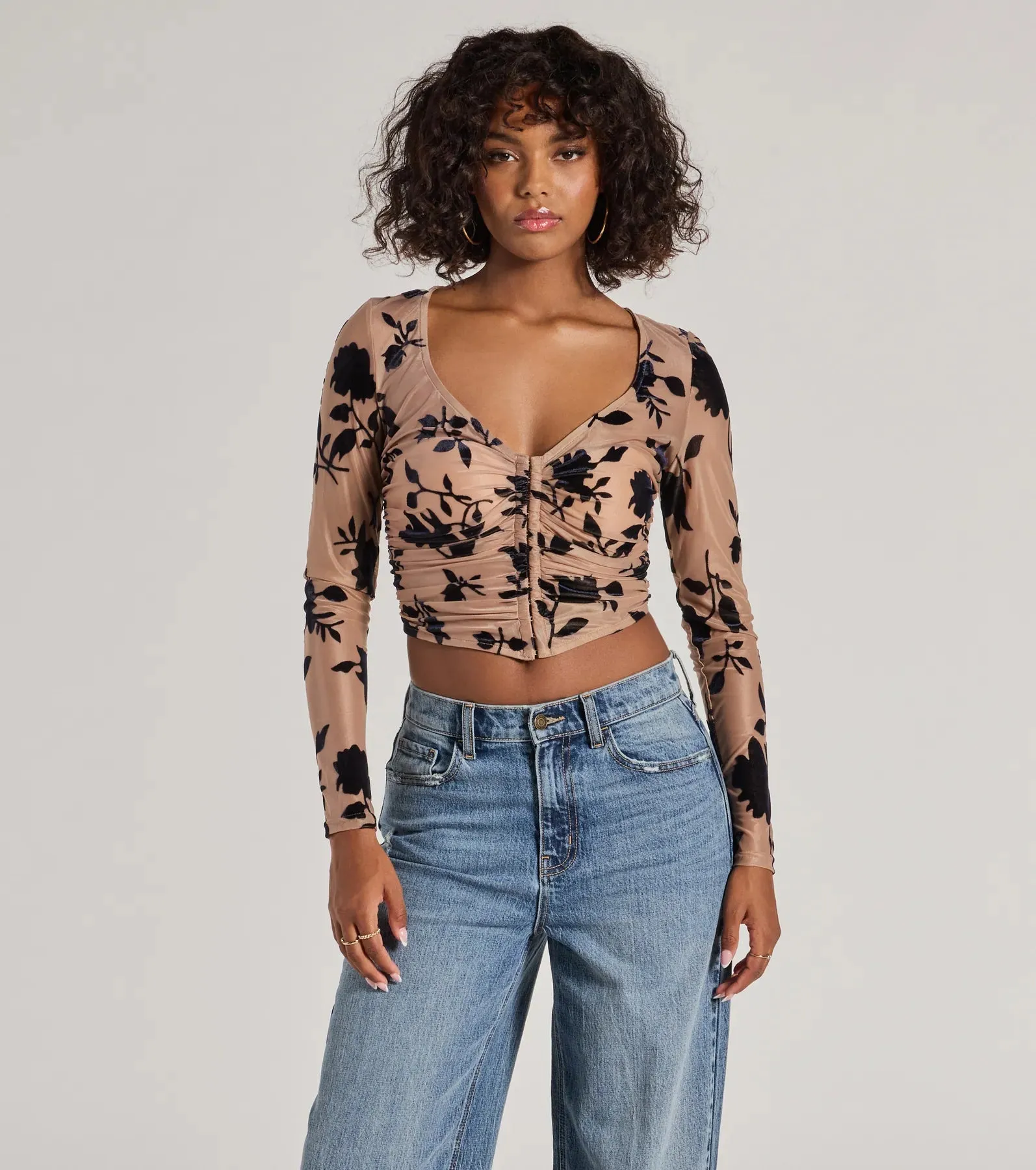Charming Flocked Floral Mesh Long Sleeve Corset Top sold by Windsor