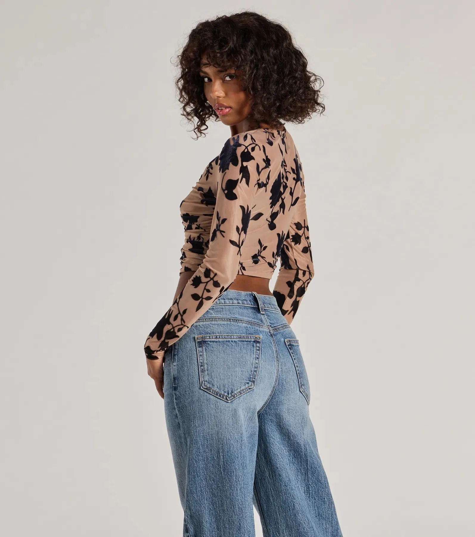 Charming Flocked Floral Mesh Long Sleeve Corset Top sold by Windsor product image thumbnail 2