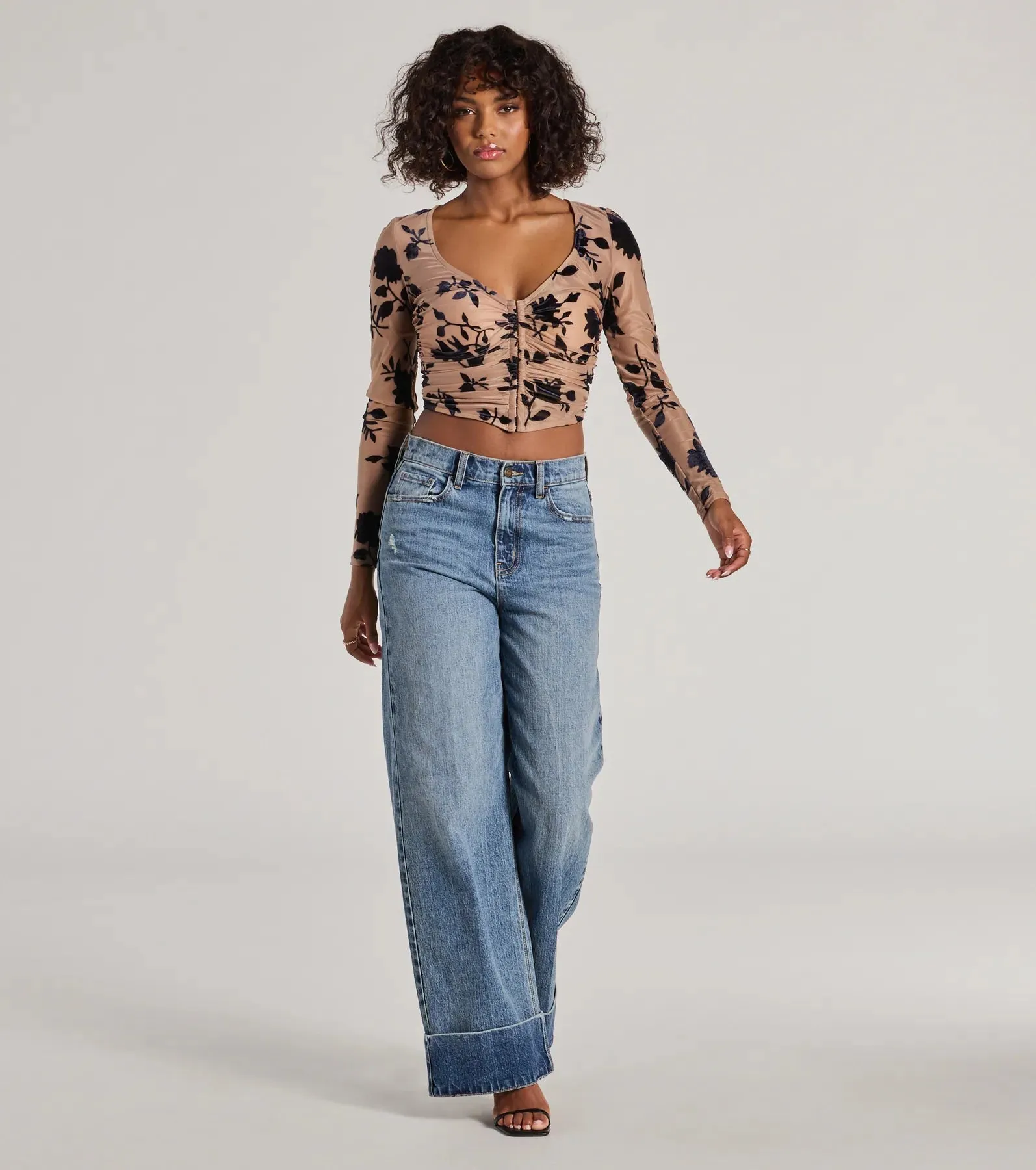 Charming Flocked Floral Mesh Long Sleeve Corset Top sold by Windsor product image thumbnail 3