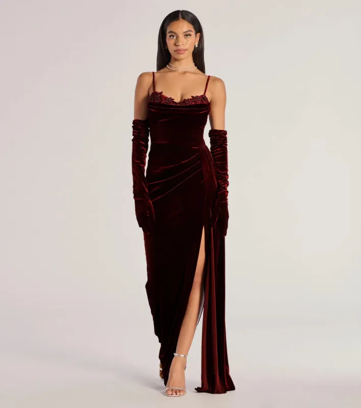 Inez Beaded Applique Velvet Formal Dress With Gloves sold by Windsor