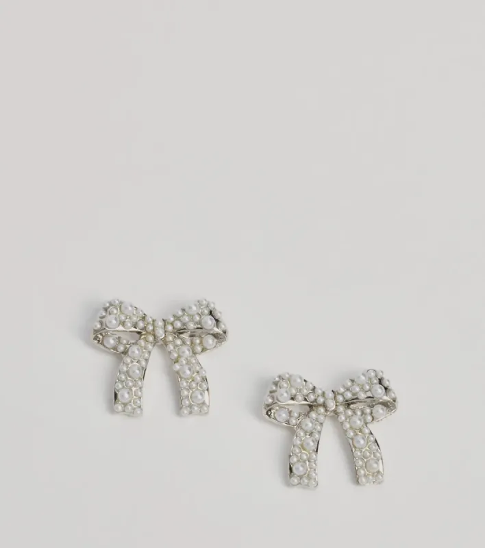 Sweetly Chic Faux Pearl Bow Stud Earrings sold by Windsor