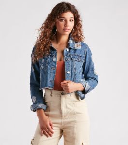 New Fave Distressed Cropped Denim Jacket sold by Windsor