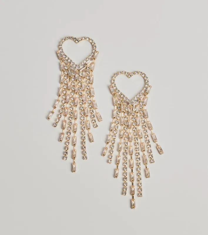 Love For Glamour Rhinestone Heart Fringe Earrings sold by Windsor
