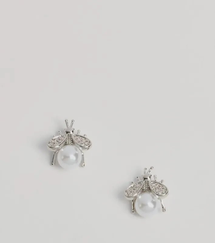 Glam Cutie Rhinestone And Pearl Bee Stud Earrings sold by Windsor