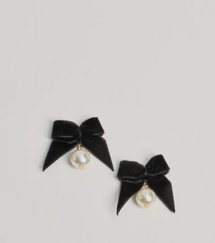 Luxe Detail Velvet Bow Pearl Earrings sold by Windsor