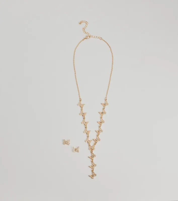 Glitzy Rhinestone Butterfly Necklace And Earrings Set sold by Windsor