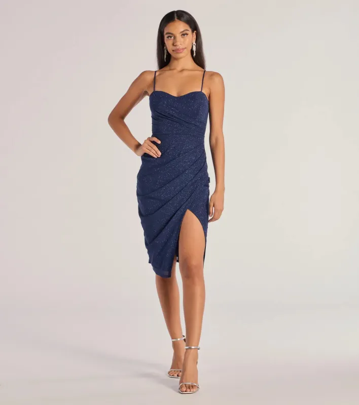 Glitz And Glimmer Glitter Mesh Wrap-Front Midi Dress sold by Windsor