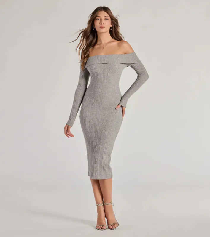 Perfect Curves Ribbed Knit Off-The-Shoulder Midi Dress sold by Windsor