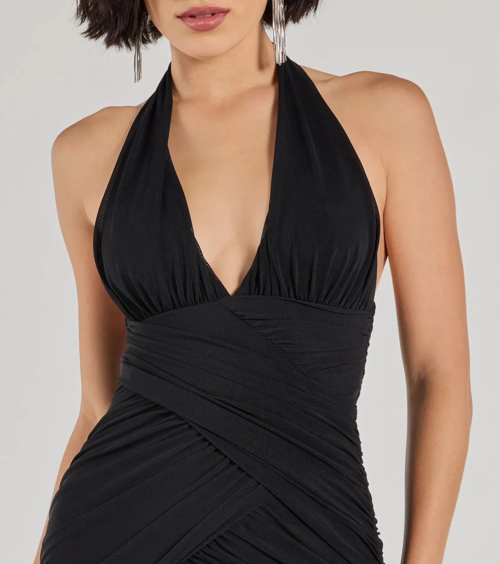 Serving Allure Halter Ruched Mesh Mini Dress sold by Windsor product image thumbnail 4