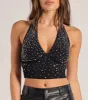 Sparkly Babe Rhinestone Mesh Halter Crop Top sold by Windsor