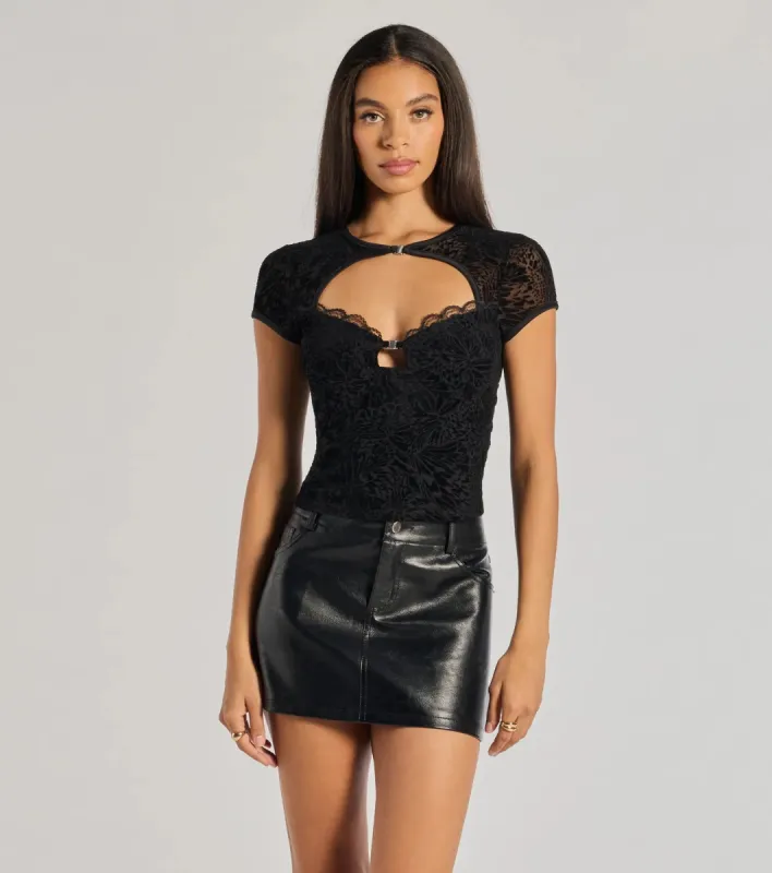 Alluring Velvet Flocked Sheer Mesh Cutout Top sold by Windsor
