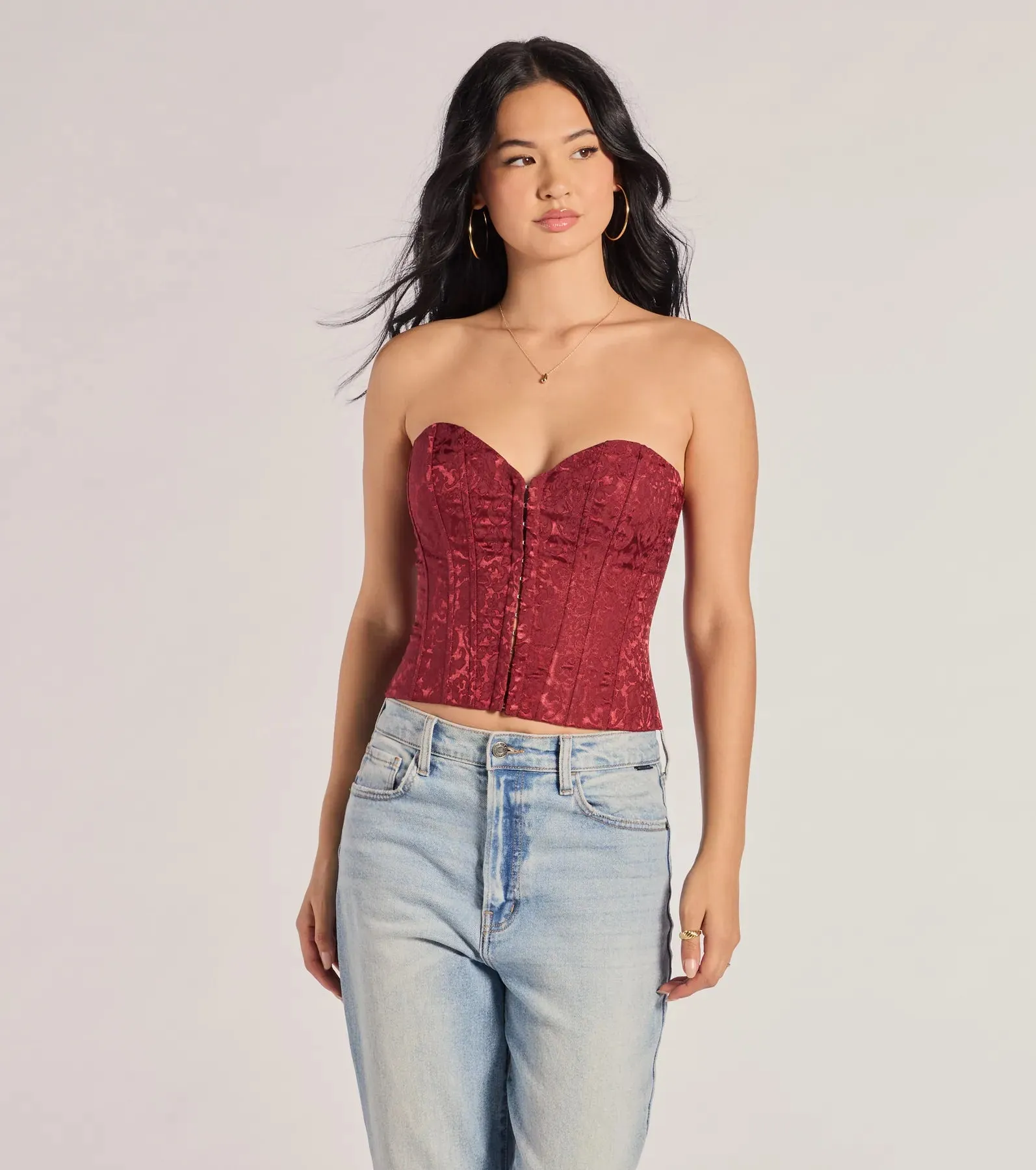 Chic Status Brocade Satin Strapless Corset Top sold by Windsor