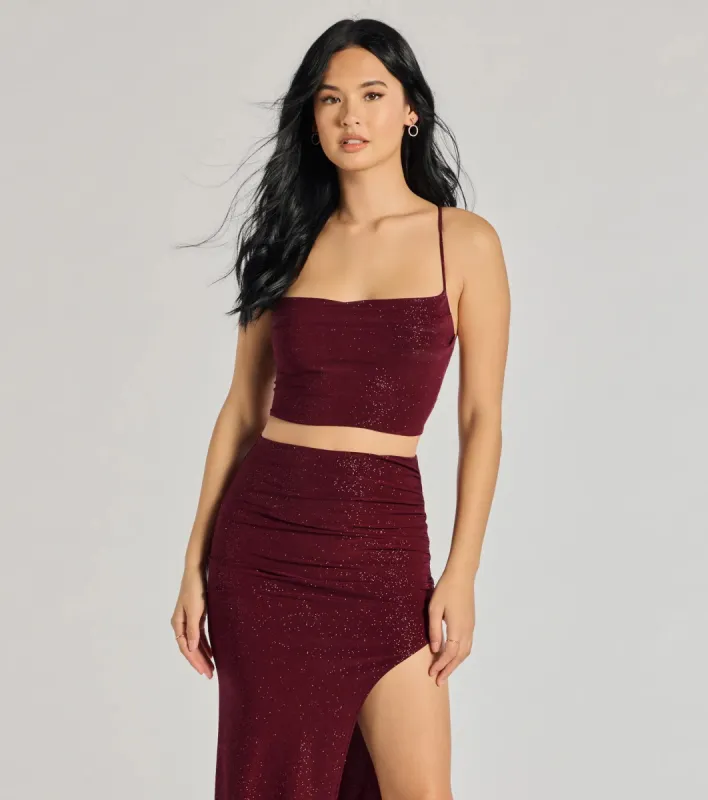 Glitzy Affair Cowl Neck Glitter Crop Top sold by Windsor