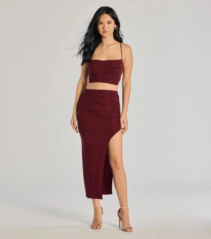 Glitzy Affair High-Slit Glitter Midi Skirt sold by Windsor