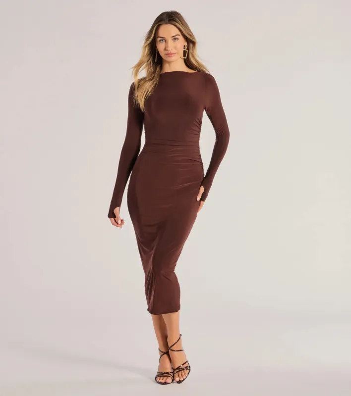 Sleek Vibes Long Sleeve Ruched Midi Dress sold by Windsor
