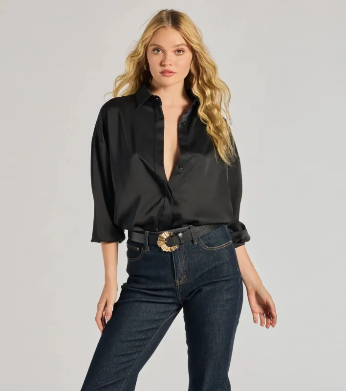 Always Chic Satin Button-Down Long Sleeve Top sold by Windsor