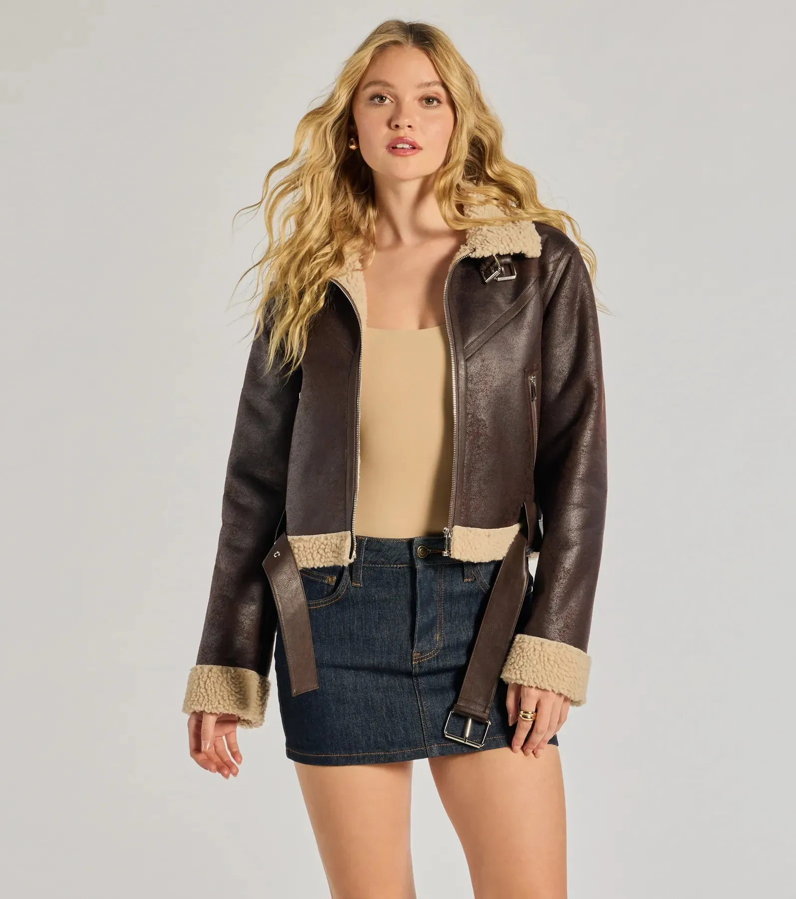 Cozy Sleek Faux Shearling Trim Moto Jacket sold by Windsor