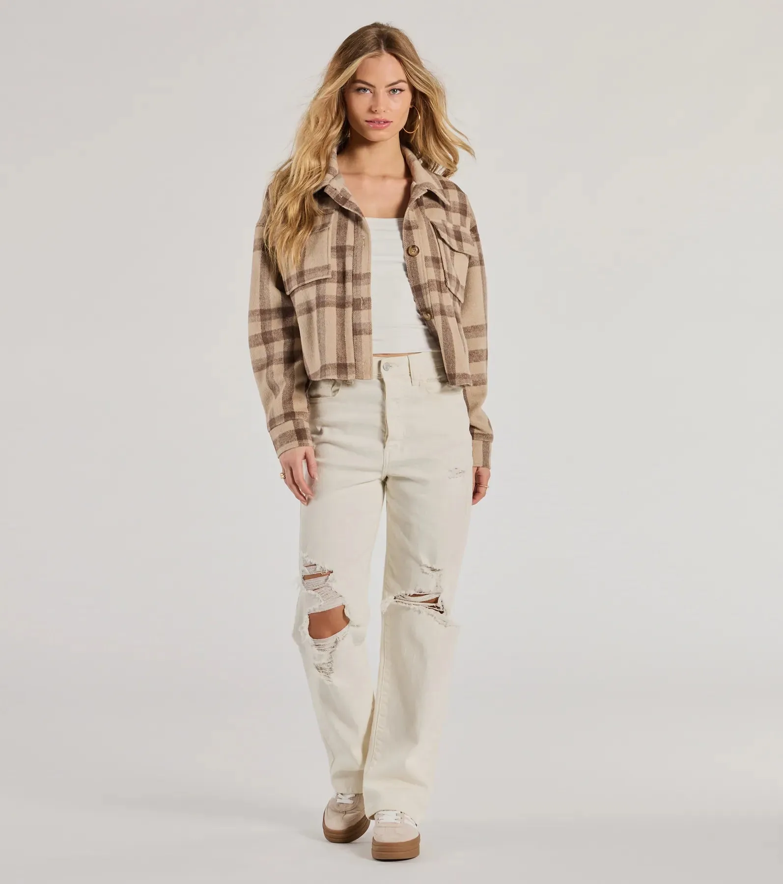 Perfectly Plaid Woven Oversized Cropped Shacket sold by Windsor product image thumbnail 3