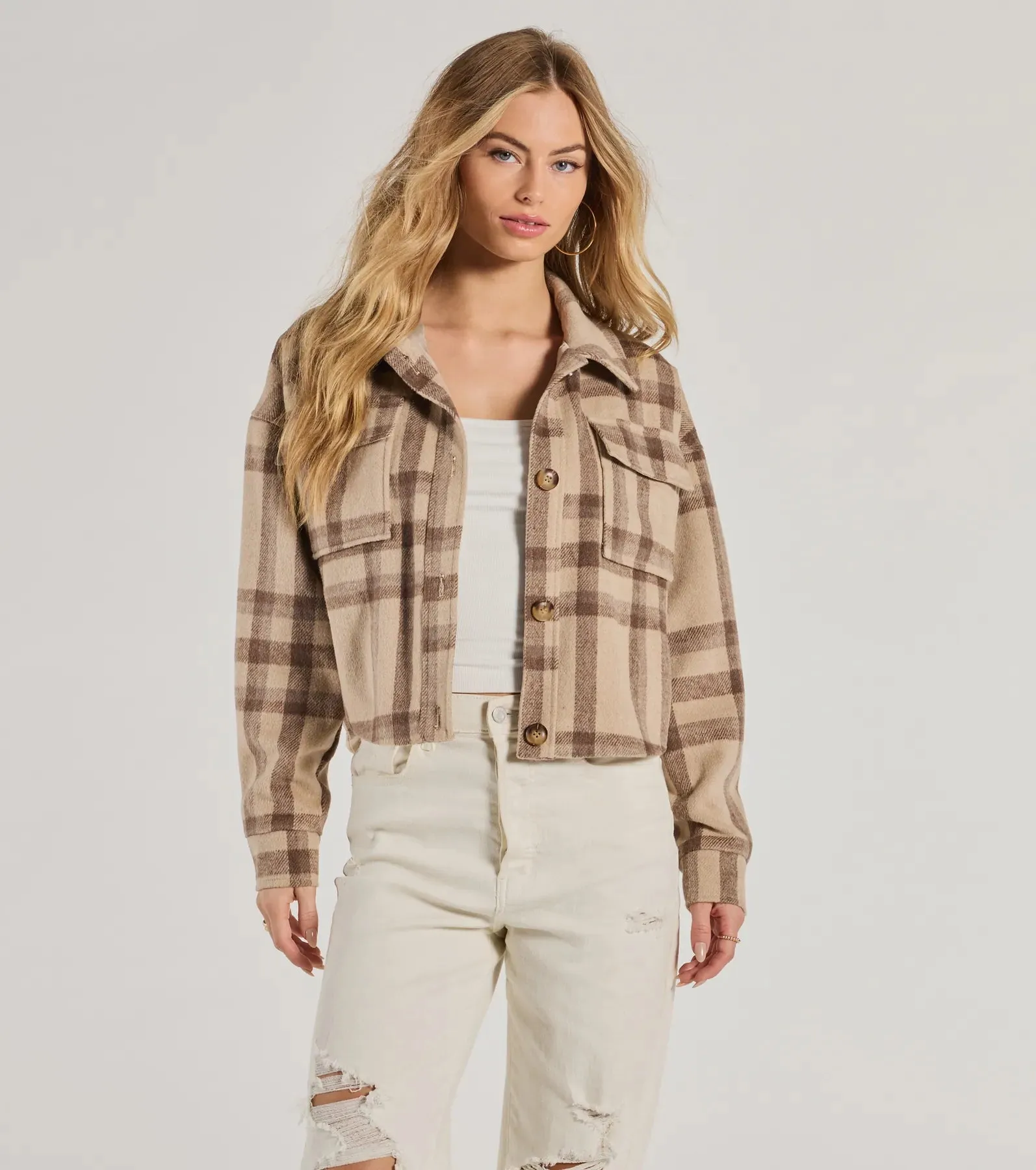 Perfectly Plaid Woven Oversized Cropped Shacket sold by Windsor