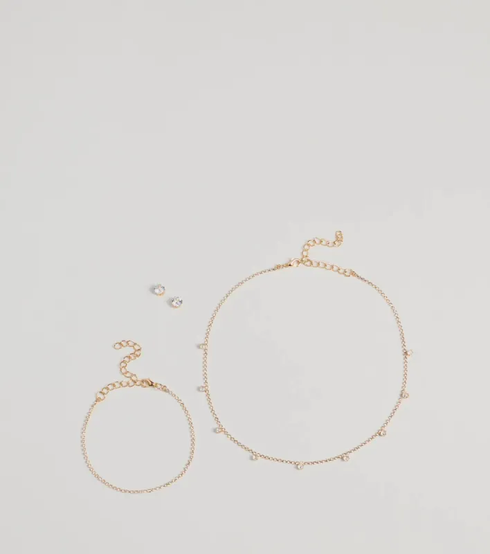 Delicate Glam Rhinestone Necklace, Bracelet, And Earrings Set sold by Windsor