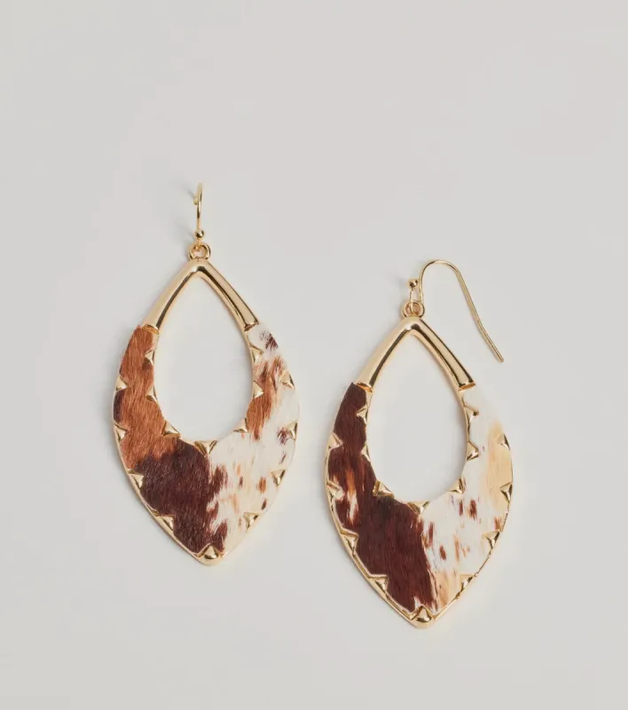 Western Babe Cow Print Cutout Teardrop Earrings sold by Windsor