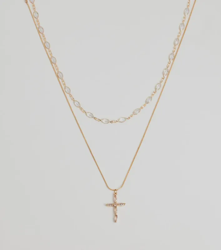 Graceful Shine Layered Cross Charm Rhinestone Necklace sold by Windsor
